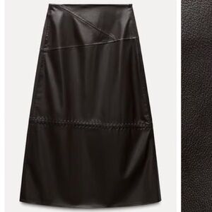 Zara Eggplant A-Line Leather Midi Skirt with stitching details size XL